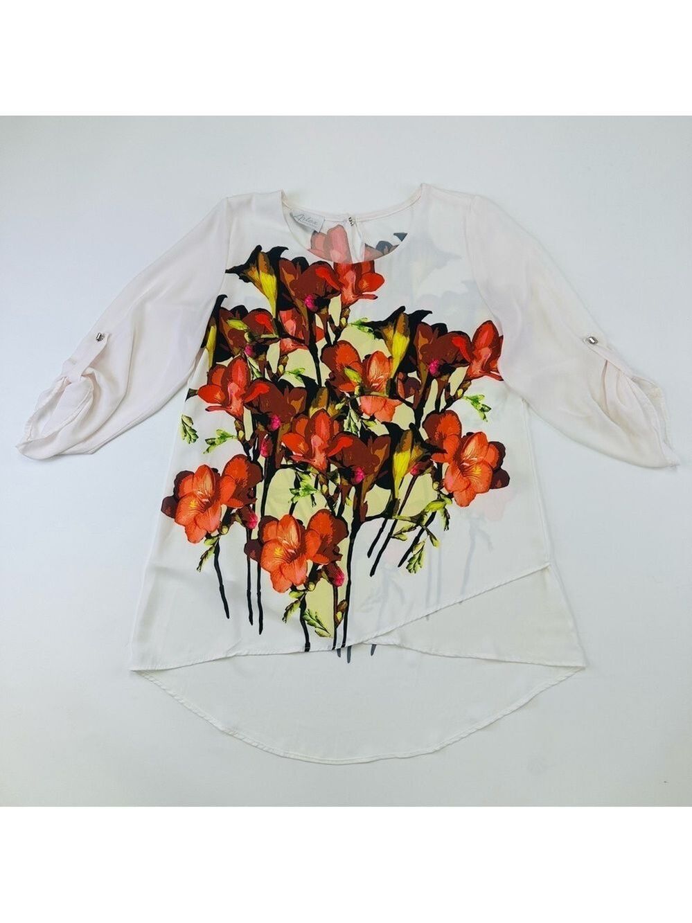 Artex tiger lily print three quarter sleeve round neck tunic top Medium
